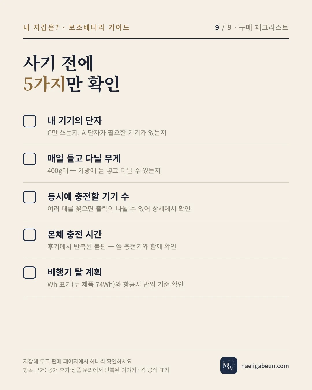 보조배터리 사기 전 체크리스트 5가지 — 단자, 무게, 동시 충전, 본체 충전, 비행기