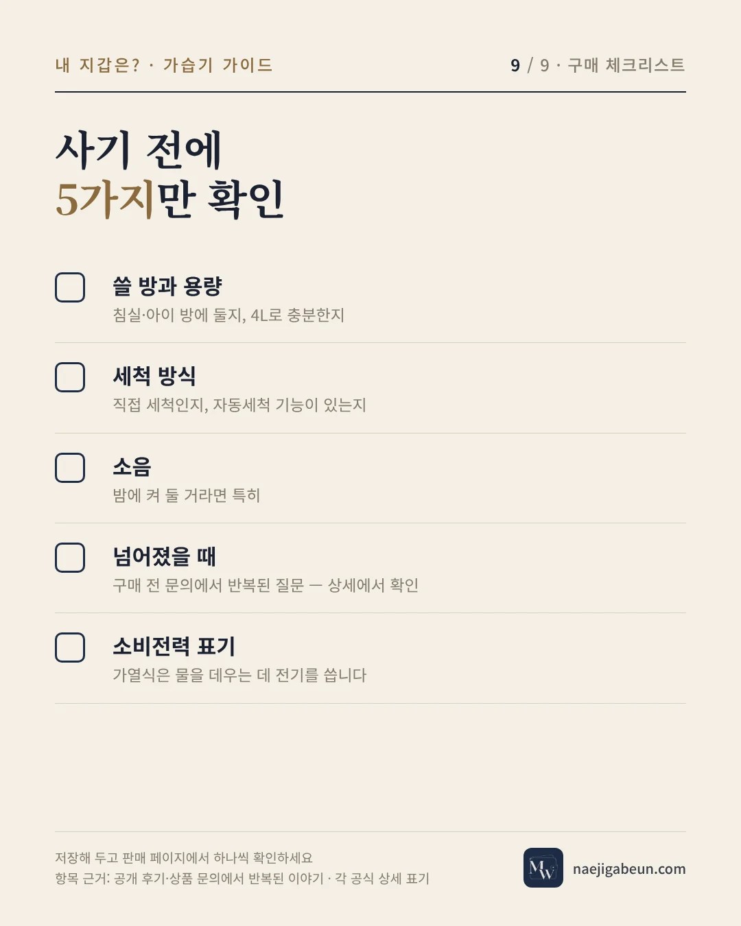 가열식 가습기 사기 전 체크리스트 5가지 — 쓸 방과 용량, 세척 방식, 소음, 넘어졌을 때, 소비전력 표기