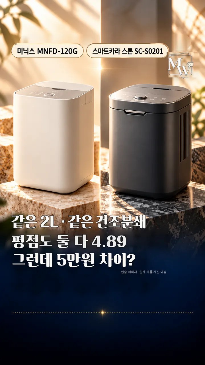 미닉스 MNFD-120G와 스마트카라 스톤 SC-S0201 비교 카드 — 같은 2L 건조분쇄, 평점도 둘 다 4.89, 그런데 5만원 차이